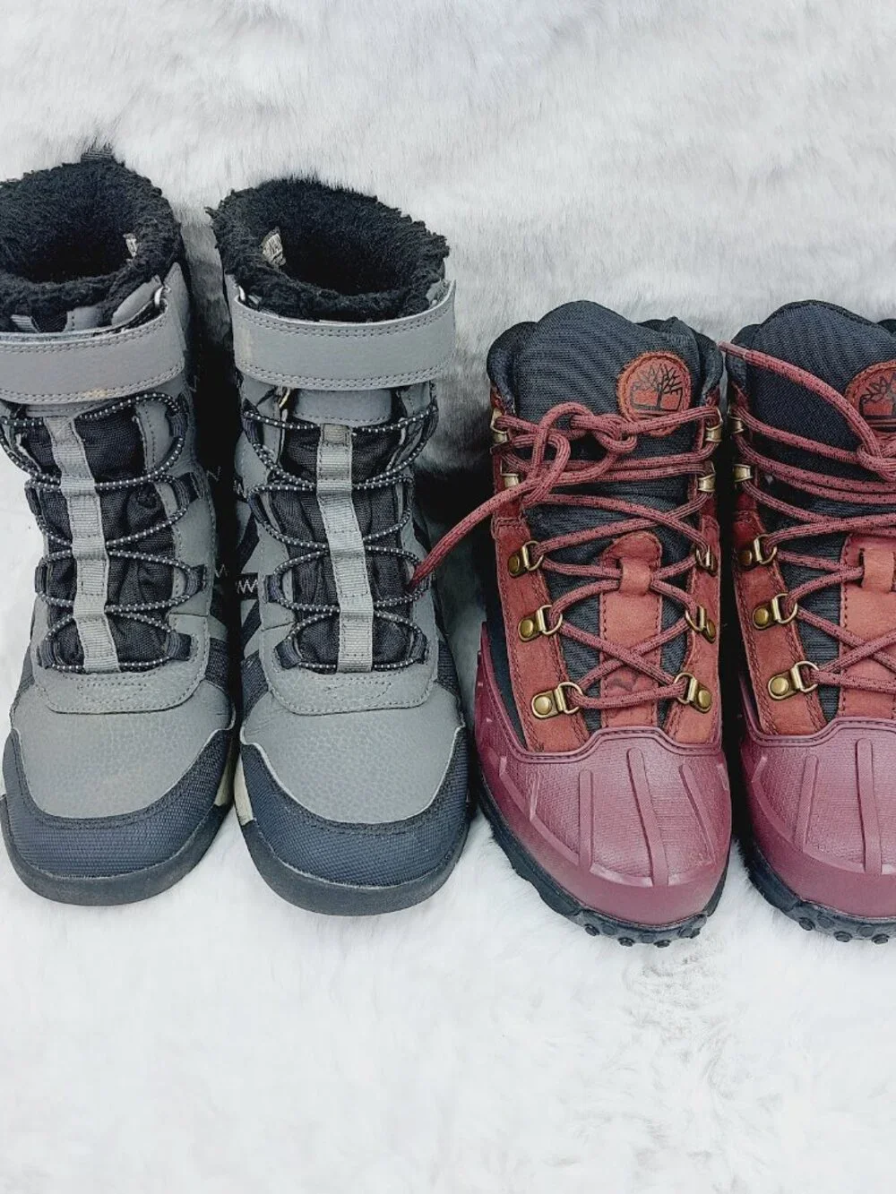 Set Of 2 Timberland Merrell Boy's Gray Burgundy Ankle Winter Snow Boots Size 2